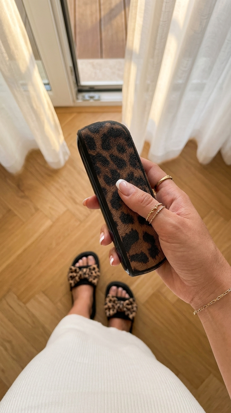 Frau hält ein stilvolles IQOS Case im Leopardenmuster – modernes Accessoire für unterwegs